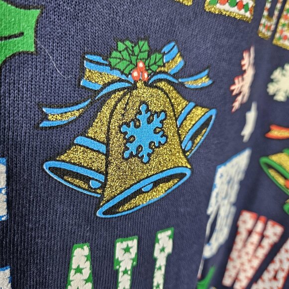 Hanes Sweatshirt Mens Large Blue Christmas Jingle Bells Glitter Graphic Pullover - Picture 4 of 9